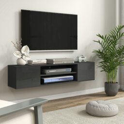 "Rackhams Floating TV Unit for 60"" TVs W/ Shelves and Cabinets, Grey - High Gloss White" - thumbnail 2