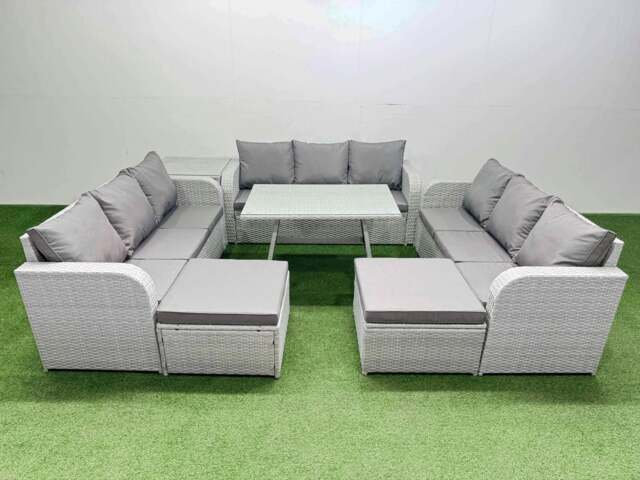 Rackhams 11 Seat Outdoor PE Rattan Garden Furniture with Cushions 3 Seater Sofa Side Table 2 Big Stools Light Grey - image 1