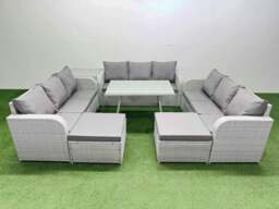 Rackhams 11 Seat Outdoor PE Rattan Garden Furniture with Cushions 3 Seater Sofa Side Table 2 Big Stools Light Grey - thumbnail 1