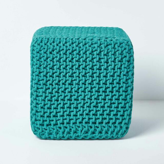 Rackhams Cube Cotton Knitted Pouffe Footstool Bean Filled Hand Knitted - Teal Green - image 1