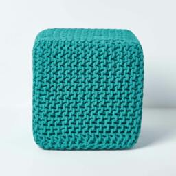 Rackhams Cube Cotton Knitted Pouffe Footstool Bean Filled Hand Knitted - Teal Green