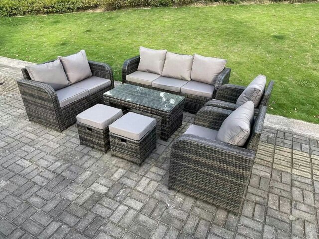 Rackhams 9 Seater Dark Grey PE Wicker Rattan Garden Furniture Set Reclining Chair Love Seat 3 Seater Sofa Set Outdoor Rectangular Coffee Table Stools - image 1