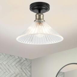 Rackhams Bowley Bathroom Ribbed Glass Ceiling Flush Light - Matt Black - thumbnail 1