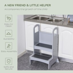 Rackhams Kids Wooden 2-Step Stool Mini Ladder Assistance Unit Non-Slip Panels Grey - Grey - 45cm x 40cm x 80cm - thumbnail 3