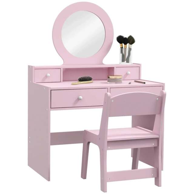 Rackhams Kids Dressing Table Set Kids Make up Table with Stool and Mirror, Storage Drawers, Gift for Aged 3-8