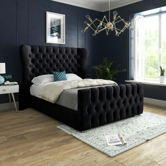 Rackhams Nuno Straight Winged Upholstered Soft Velvet Bed Frame - Cream - Black - Single - image 1