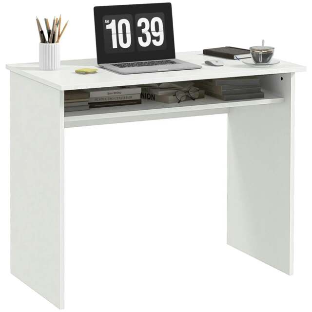 Rackhams Modern Computer Desk, Home Office Table, Small Writing Desk with Storage Shelf, 90 x 50cm, White Wood Grain - White - image 1