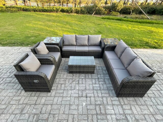 Rackhams Rattan Outdoor Garden Furniture Sofa Set Patio Table & Chairs Set with 3 Seater Sofa Reclining Chair 2 Side Tables Dark Grey Mixed - image 1