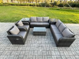 Rackhams Rattan Outdoor Garden Furniture Sofa Set Patio Table & Chairs Set with 3 Seater Sofa Reclining Chair 2 Side Tables Dark Grey Mixed - thumbnail 1