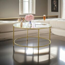 Rackhams Round Glass Coffee Table with Gold Metal Frame – Modern Living Room Centre Table - thumbnail 2