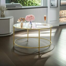 Rackhams Round Glass Coffee Table with Gold Metal Frame – Modern Living Room Centre Table
