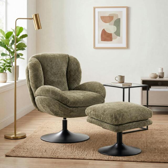 Rackhams Chenille Lazy Chair with Ottoman, 360° Swivel, Dark Green - image 1