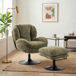 Rackhams Chenille Lazy Chair with Ottoman, 360° Swivel, Dark Green - thumbnail 1
