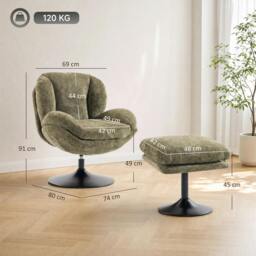 Rackhams Chenille Lazy Chair with Ottoman, 360° Swivel, Dark Green - thumbnail 3
