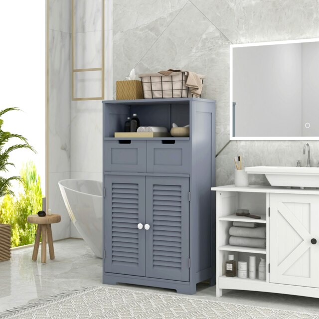 Rackhams Free Standing Bathroom Storage Cabinet with Louvred Doors, 2 Drawers, Grey - Grey - image 1