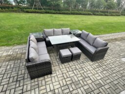 Rackhams 11-Seater Dark Grey Rattan Outdoor Lounge Set - Oblong Rectangular Dining Table, 2 Footstools, 2 Side Tables - thumbnail 2