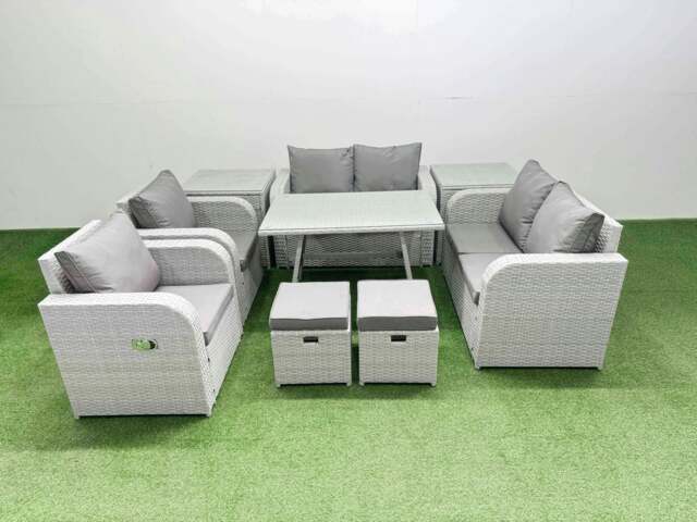 Rackhams 8 Seater Rattan Garden Furniture Set Outdoor Love Sofa Set with Rectangular Dining Table 2 Side Tables 2 Small Footstools Light Grey - image 1