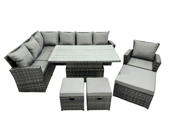 Rackhams Poly Rattan Outdoor Patio Height Adjustable Rising Lifting Table Corner Sofa Set with 3 Stools for Garden Backyard Dark Grey Mixed - image 1