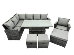 Rackhams Poly Rattan Outdoor Patio Height Adjustable Rising Lifting Table Corner Sofa Set with 3 Stools for Garden Backyard Dark Grey Mixed - thumbnail 1
