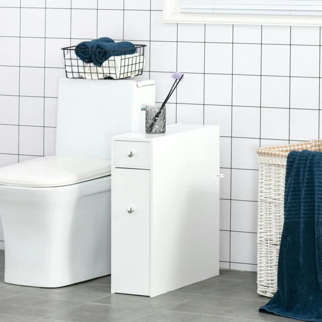 Rackhams Slim Floor Cabinet Narrow Wooden Storage with Drawers Bathroom White - image 1