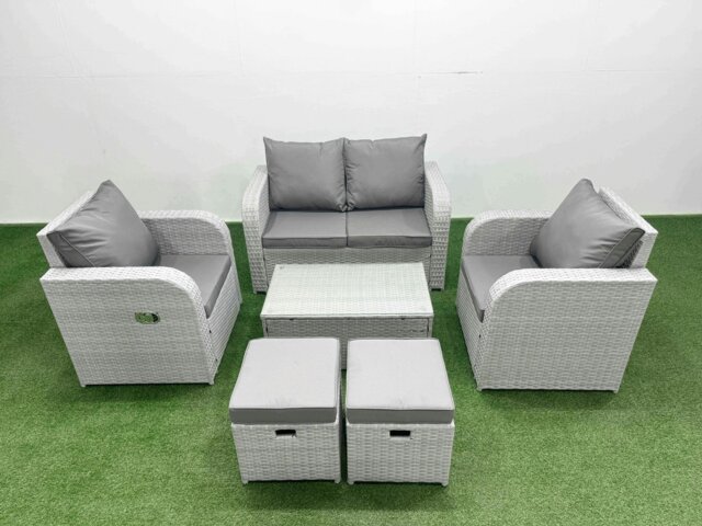 Rackhams Light Grey PE Wicker Rattan Garden Furniture Set Sofa Set Reclining Adjustable Chair Rectangular Coffee Table 6 Seater 2 Small Stools - image 1