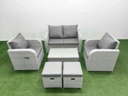 Rackhams Light Grey PE Wicker Rattan Garden Furniture Set Sofa Set Reclining Adjustable Chair Rectangular Coffee Table 6 Seater 2 Small Stools - thumbnail 1