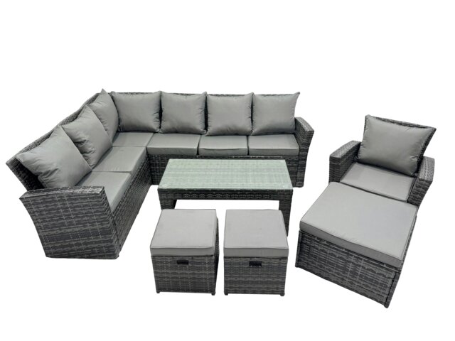 Rackhams 10 Seat Poly Rattan Outdoor Patio Oblong Coffee Table Corner Sofa Sets with 3 Stool Chair for Garden Backyard Dark Grey Mixed - image 1