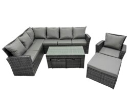 Rackhams 10 Seat Poly Rattan Outdoor Patio Oblong Coffee Table Corner Sofa Sets with 3 Stool Chair for Garden Backyard Dark Grey Mixed - thumbnail 2