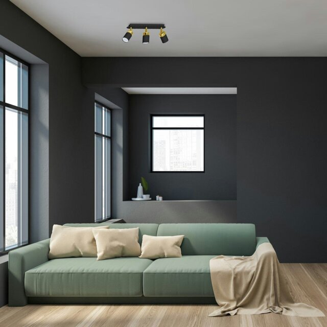 Rackhams Joker Triple Spot Hand Made Ceiling Lamp In Matt Black With Luxurious Gold Detail With Slender Cylindrical Shades - image 1
