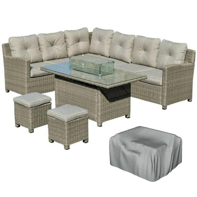 Rackhams 8-Seater Outdoor PE Rattan Sofa Set Conversation Set w/ Fire Pit Table, L-Shape Sofa, Footstool and Furniture Cover - image 1
