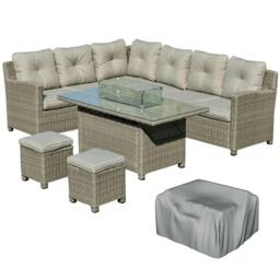 Rackhams 8-Seater Outdoor PE Rattan Sofa Set Conversation Set w/ Fire Pit Table, L-Shape Sofa, Footstool and Furniture Cover - thumbnail 1