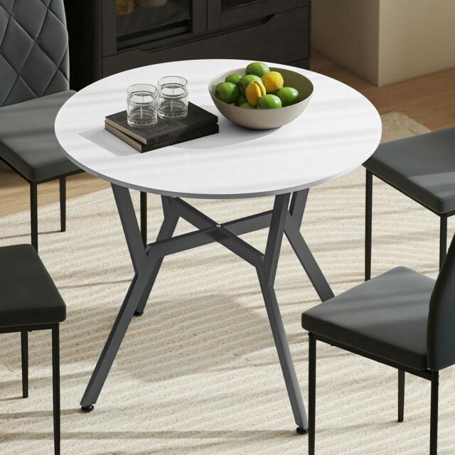 Rackhams Small Kitchen Table with Black Steel Legs, Dining Table, Grey - 90cm x 90cm x 76cm - High gloss white - image 1