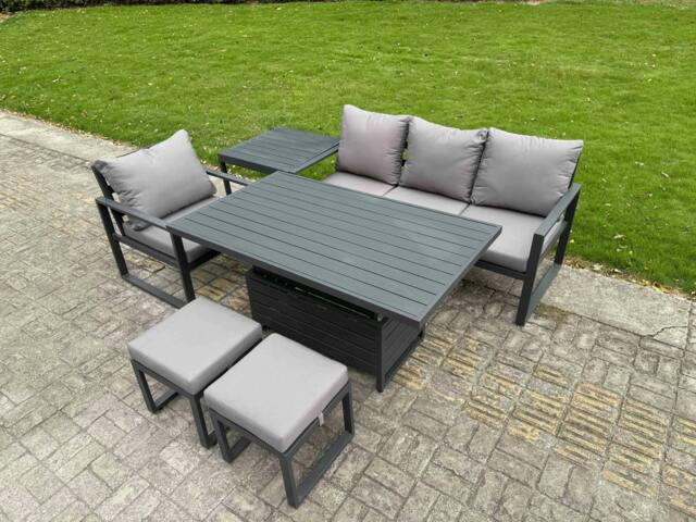 Rackhams 6 Seater Aluminium Outdoor Patio Dining Furniture Set Includes Adjustable Rising Lifting Dining Table Chairs with 2 Small Footstools Side Table - image 1