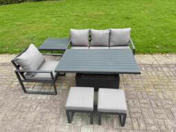 Rackhams 6 Seater Aluminium Outdoor Patio Dining Furniture Set Includes Adjustable Rising Lifting Dining Table Chairs with 2 Small Footstools Side Table - thumbnail 2