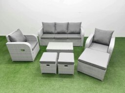 Rackhams PE Rattan Garden Furniture Set Reclining Chair Sofa Lounge Sofa Set Oblong Coffee Table 3 Stools Light Grey - thumbnail 1