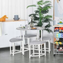 Rackhams Modern Round Dining Table Set with 4 Upholstered Stools for Dining Room