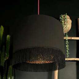 "Rackhams Jet Black Leopard Print Silhouette Lampshade with Black Fringing - Ceiling Pendant / Arc Lamp - 35cm diameter x 20cm height (14"" x 8"")" - thumbnail 1