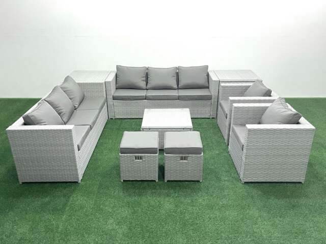 Rackhams Outdoor Rattan Sofa Garden Furniture Set with 2 Armchairs Square Coffee Table 2 Small Footstools 2 Side Tables Light Grey Mixed - image 1