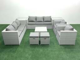 Rackhams Outdoor Rattan Sofa Garden Furniture Set with 2 Armchairs Square Coffee Table 2 Small Footstools 2 Side Tables Light Grey Mixed - thumbnail 1