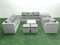 Rackhams Outdoor Rattan Sofa Garden Furniture Set with 2 Armchairs Square Coffee Table 2 Small Footstools 2 Side Tables Light Grey Mixed - thumbnail 2