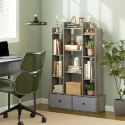 Rackhams 12-Tier Bookshelf, Bookcase w/ 2 Folding Drawer, Graphite Wood Effect - 80W x 24D x 124H cm - Graphite Wood Effect - 1