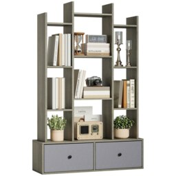 Rackhams 12-Tier Bookshelf, Bookcase w/ 2 Folding Drawer, Graphite Wood Effect - 80W x 24D x 124H cm - Graphite Wood Effect - 1 - thumbnail 2