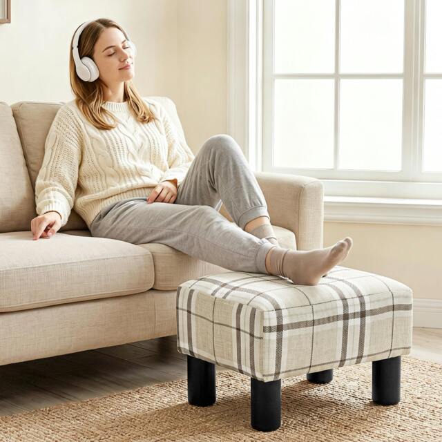 Rackhams Chic Linen Fabric Foot Stool Ottoman Cube with Legs - Multi-colored - image 1