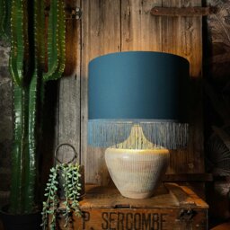 "Rackhams Petrol Blue Lampshade with Gold Lining & Blue Fringing - Ceiling Pendant / Arc Lamp - 35cm Diameter x 20cm Height / (14"" x 8"")" - thumbnail 6