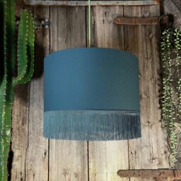 "Rackhams Petrol Blue Lampshade with Gold Lining & Blue Fringing - Ceiling Pendant / Arc Lamp - 35cm Diameter x 20cm Height / (14"" x 8"")" - thumbnail 2