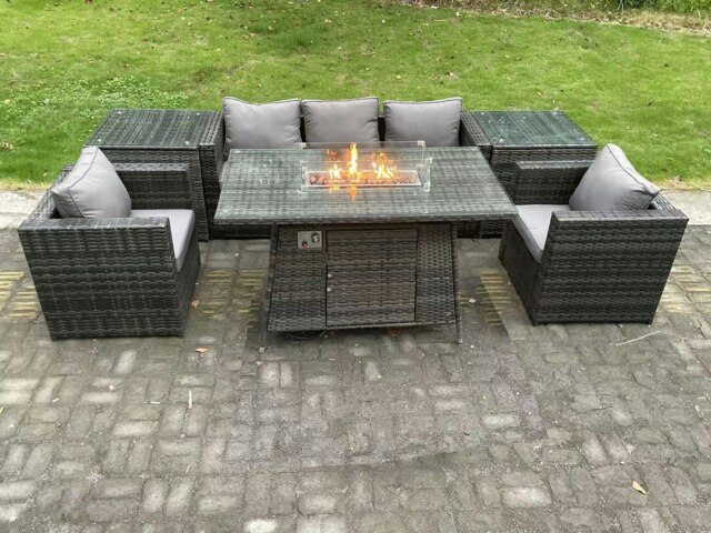 Rackhams 5 Seater Outdoor PE Rattan Garden Furniture Set Gas Fire Pit Dining Table Gas Heater Burner With Sofa & 2 Arm chairs - Dark Grey Mixed - image 1