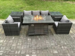 Rackhams 5 Seater Outdoor PE Rattan Garden Furniture Set Gas Fire Pit Dining Table Gas Heater Burner With Sofa & 2 Arm chairs - Dark Grey Mixed - thumbnail 1