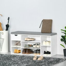Rackhams Shoe Storage Cabinet Bench w/ Cushion Adjustable Shelves White and Grey