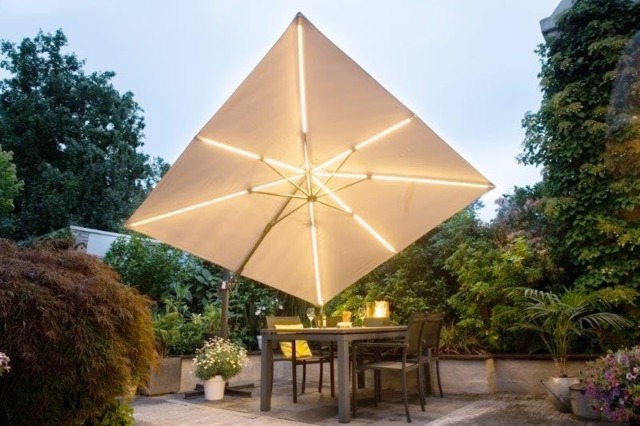 Rackhams Hawaii 300cm x 300cm Lumen LED Square Cantilever Parasol with 90kg Moveable Granite Base - Sand - image 1