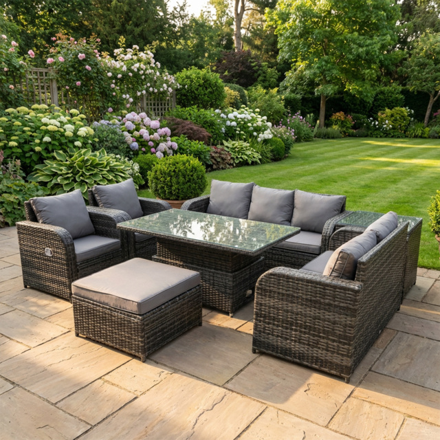 Rackhams 8 Seater Rattan Outdoor Dining Set with Height Adjustable Lifting Table, Reclining Chair, Side Table & Footstool - Dark Grey Mixed - image 1